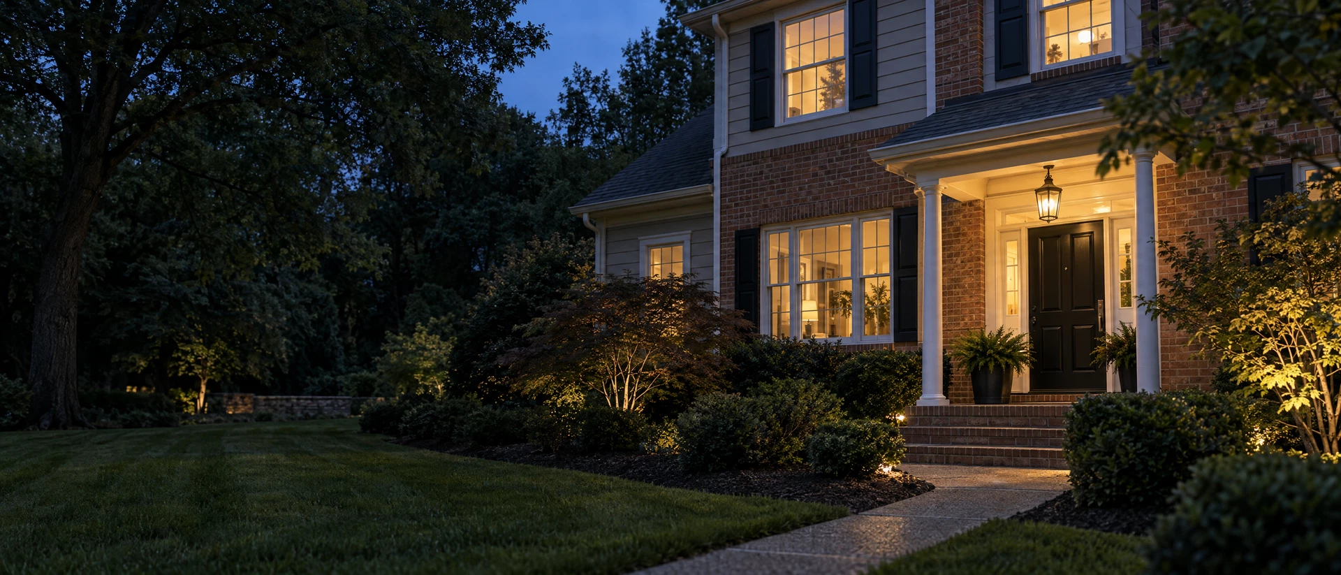Welcoming Northern Virginia home exterior at blue hour