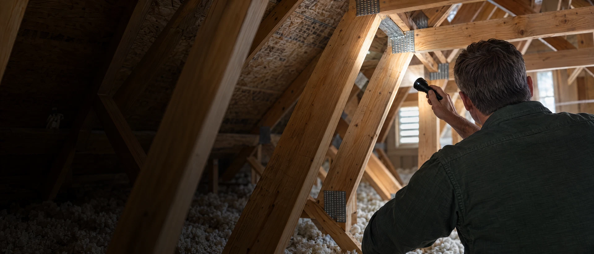 Home inspector examining residential roof framing from behind