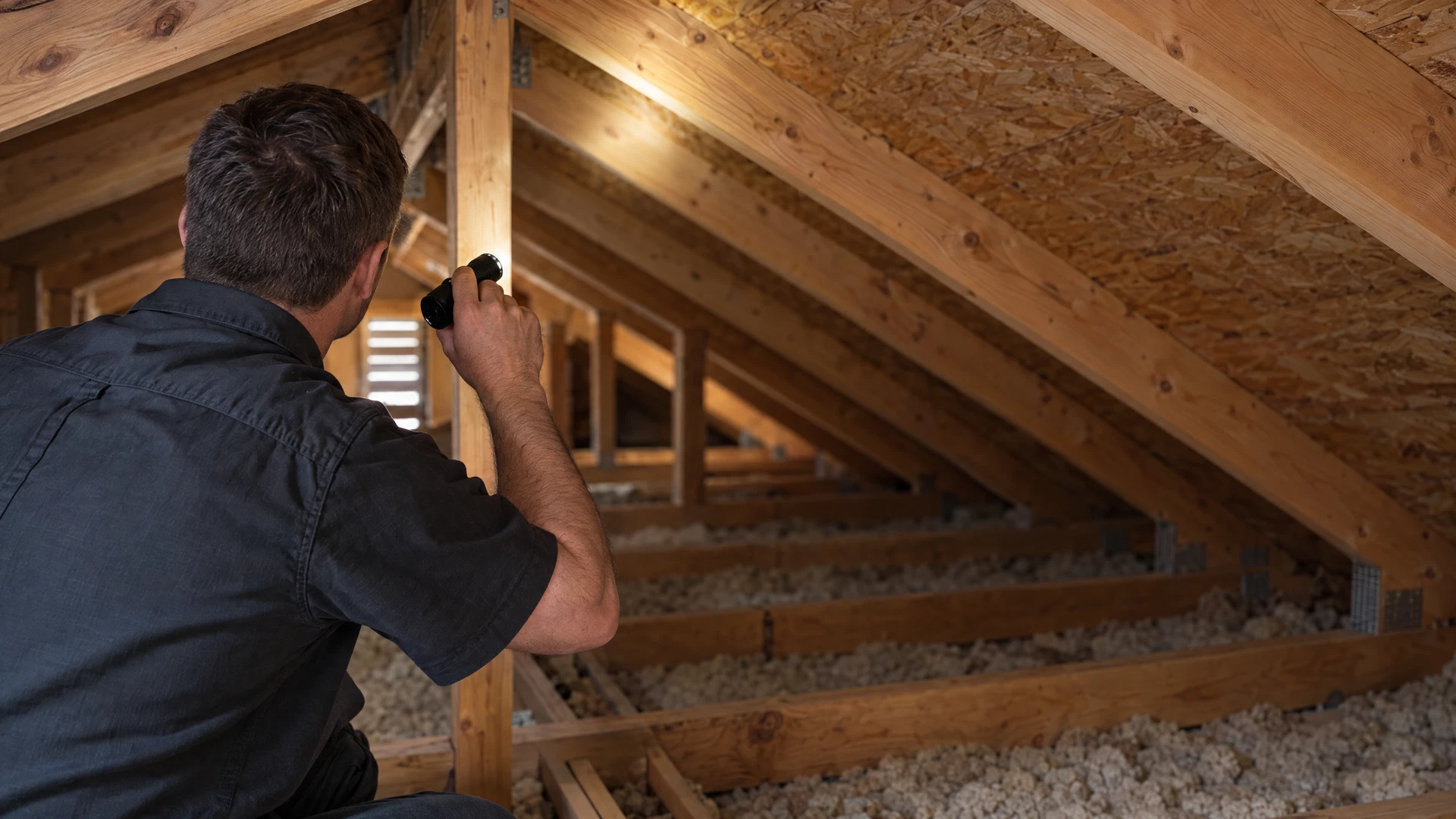 Home inspector examining accessible attic framing with a flashlight