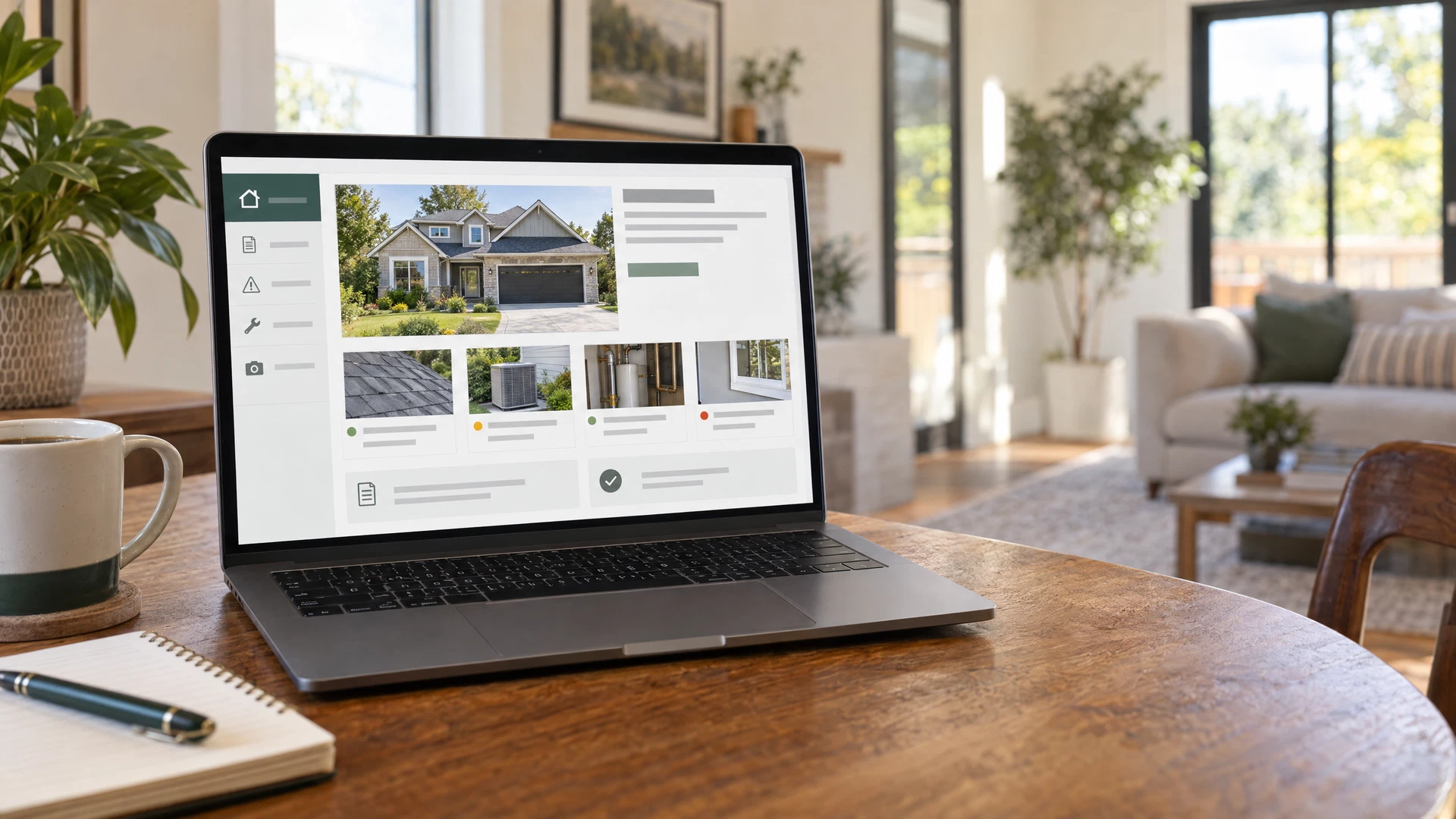 Laptop displaying a generic professional property report in a home setting