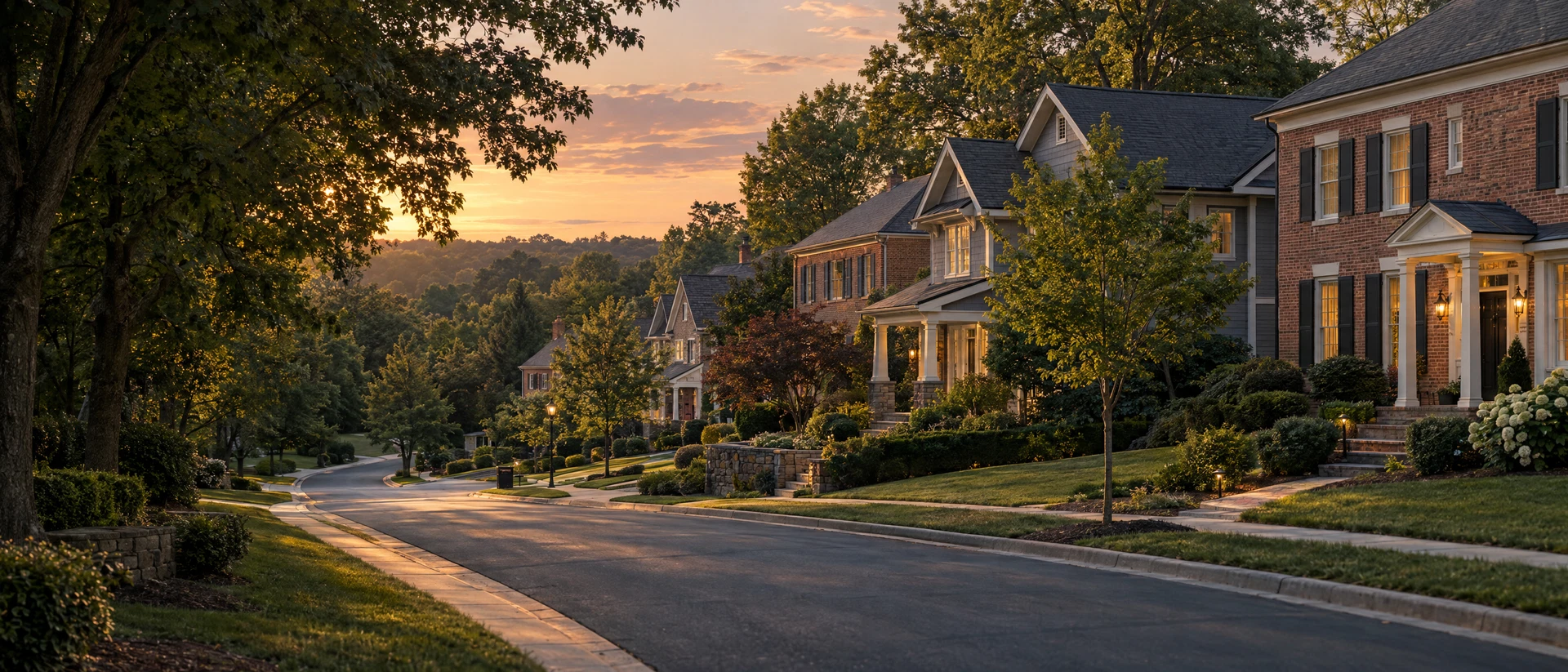 Established Northern Virginia neighborhood at sunset